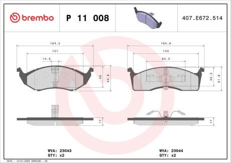 Гальмівні колодки, дискове гальмо (набір) BREMBO P11008