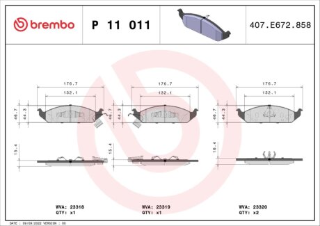 Гальмівні колодки, дискове гальмо (набір) BREMBO P11011 (фото 1)