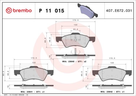 Гальмівні колодки, дискове гальмо (набір) BREMBO P11015