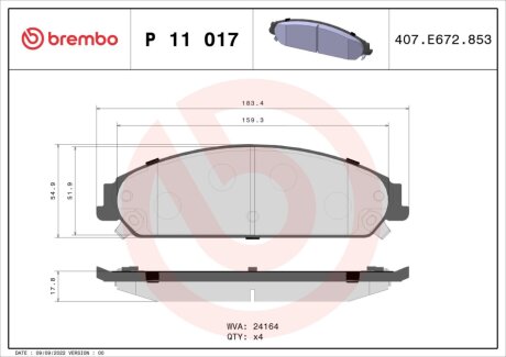 Колодка гальм. диск. CHRYSLER передн. BREMBO P 11 017 (фото 1)