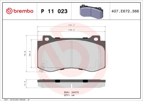 Гальмівні колодки, дискове гальмо (набір) BREMBO P11023