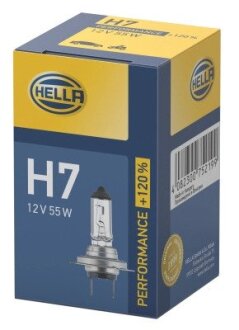 Лампа розжарювання PERFORMANCE+120% H7 12V 55W PX26d HELLA 8GH 223 498-031